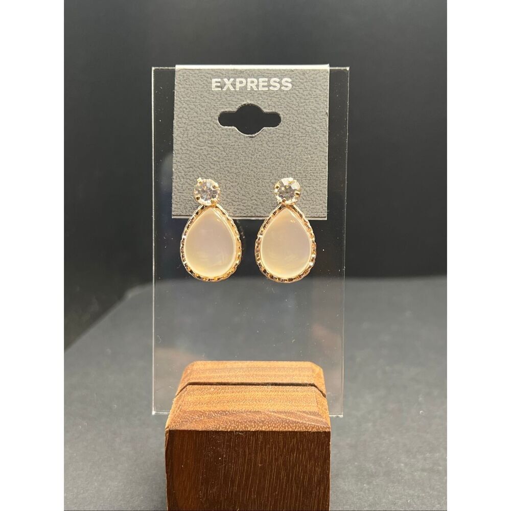 Express Gold Tone Cubic Zirconia Milky White Faux Opaline Teardrop Earrings